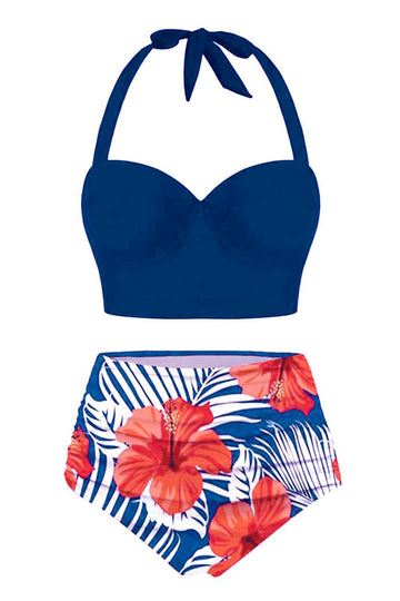 Halter Dark Blue Swimwear Two Piece Set